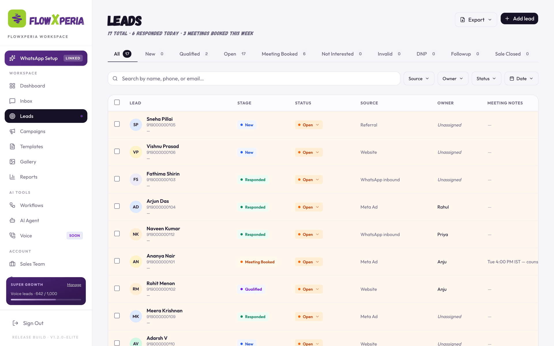 FlowXperia leads pipeline — statuses update automatically from the conversation