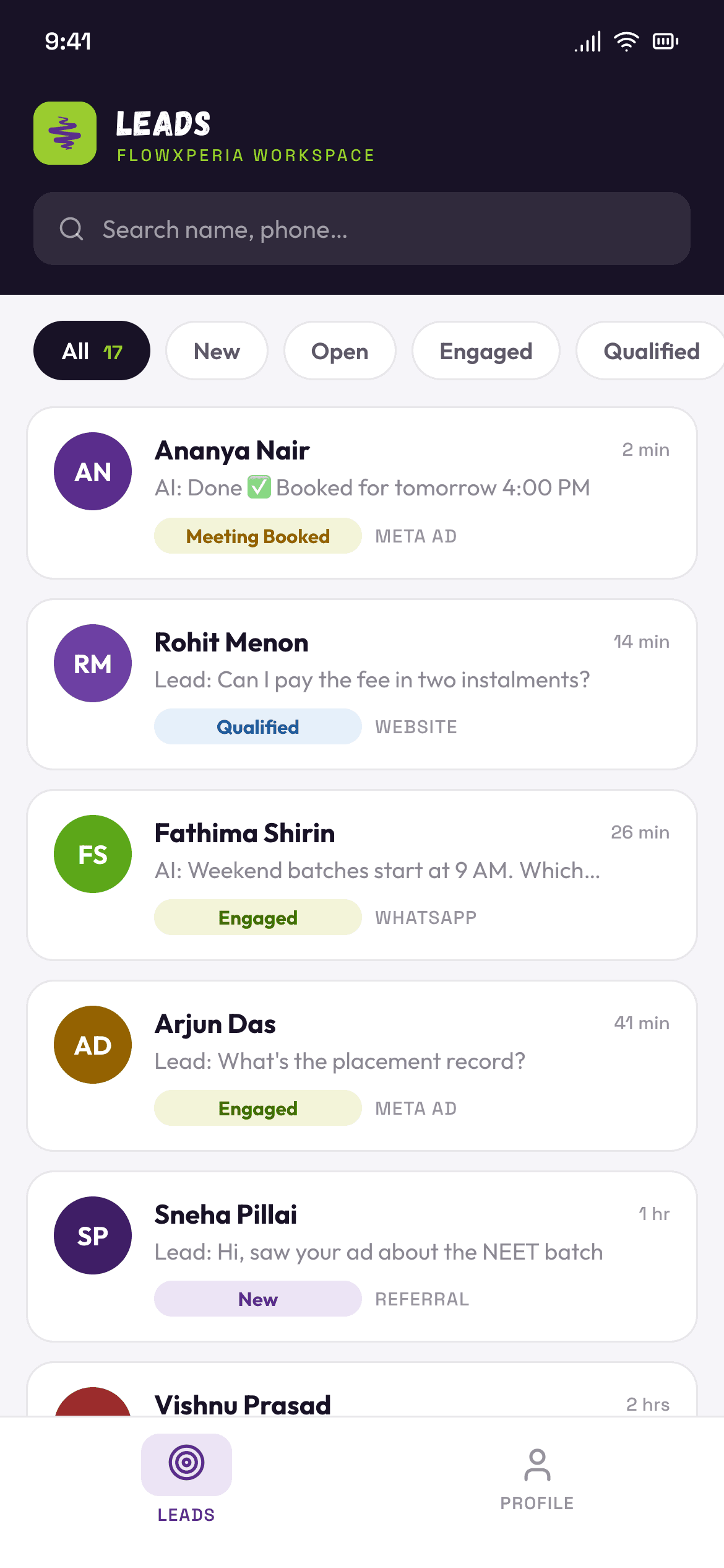 FlowXperia mobile app — lead list with statuses, on any phone